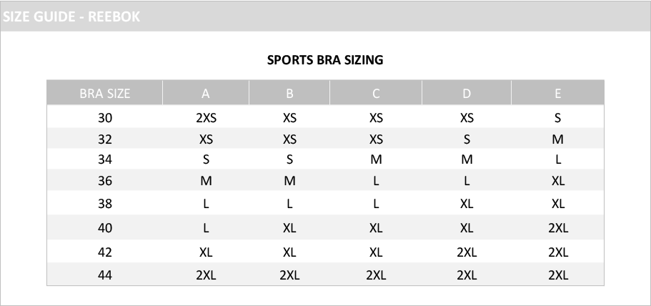 reebok sports bra size chart